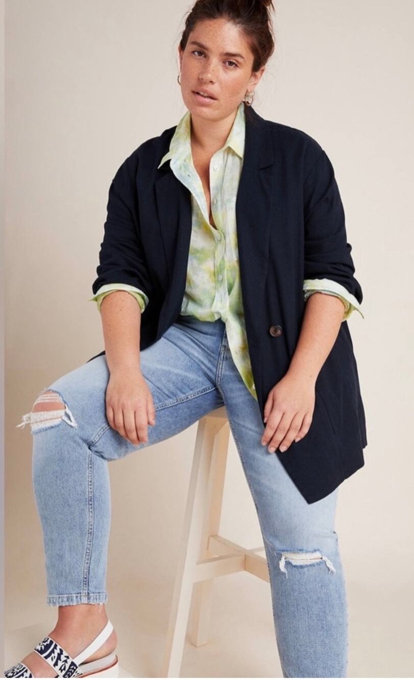 Amadi Anthropologie Blazer Womens Large NWT Navy Kayne Double Breast Linen Blend